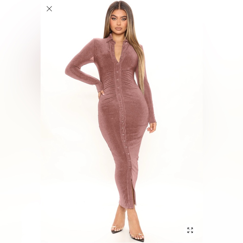 Fashion Nova Mauve Ruched Long-Sleeve Maxi Dress